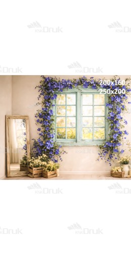 Tło fotograficzne „Okno z niebieskimi kwiatami” | E837